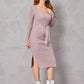Dusty Pink Surplice V-Neck Split Hem Belted Sweater Dress