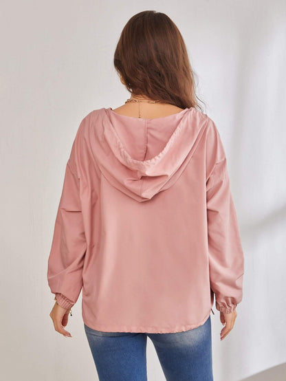 Dusty Pink Quarter Zip Drop Shoulder Hooded Jacket