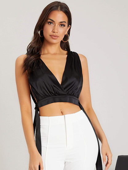 Black V-Neck Cut Out Back Knot Side Crop Tank Top