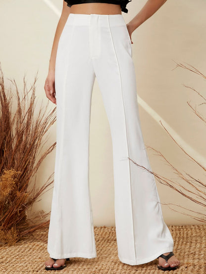 White Solid Zipper Fly Flare Leg High Waist Pants