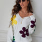 White V-Neck Floral Pattern Drop Shoulder Sweater