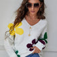White V-Neck Floral Pattern Drop Shoulder Sweater