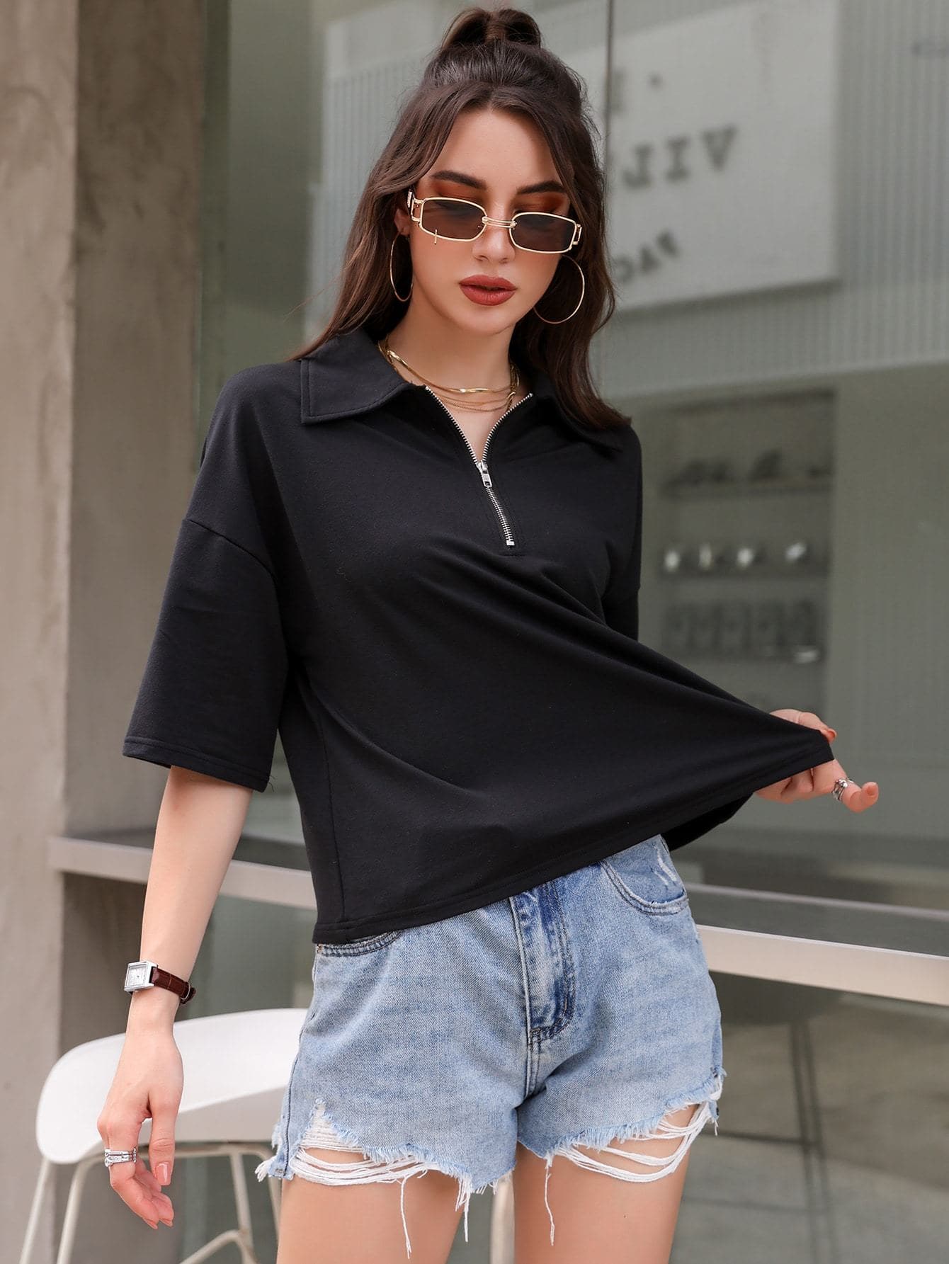 Black Drop Shoulder Half Zip Top