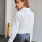 White Button Front Drawstring Ruched Crop Blouse Top
