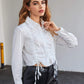 White Button Front Drawstring Ruched Crop Blouse Top