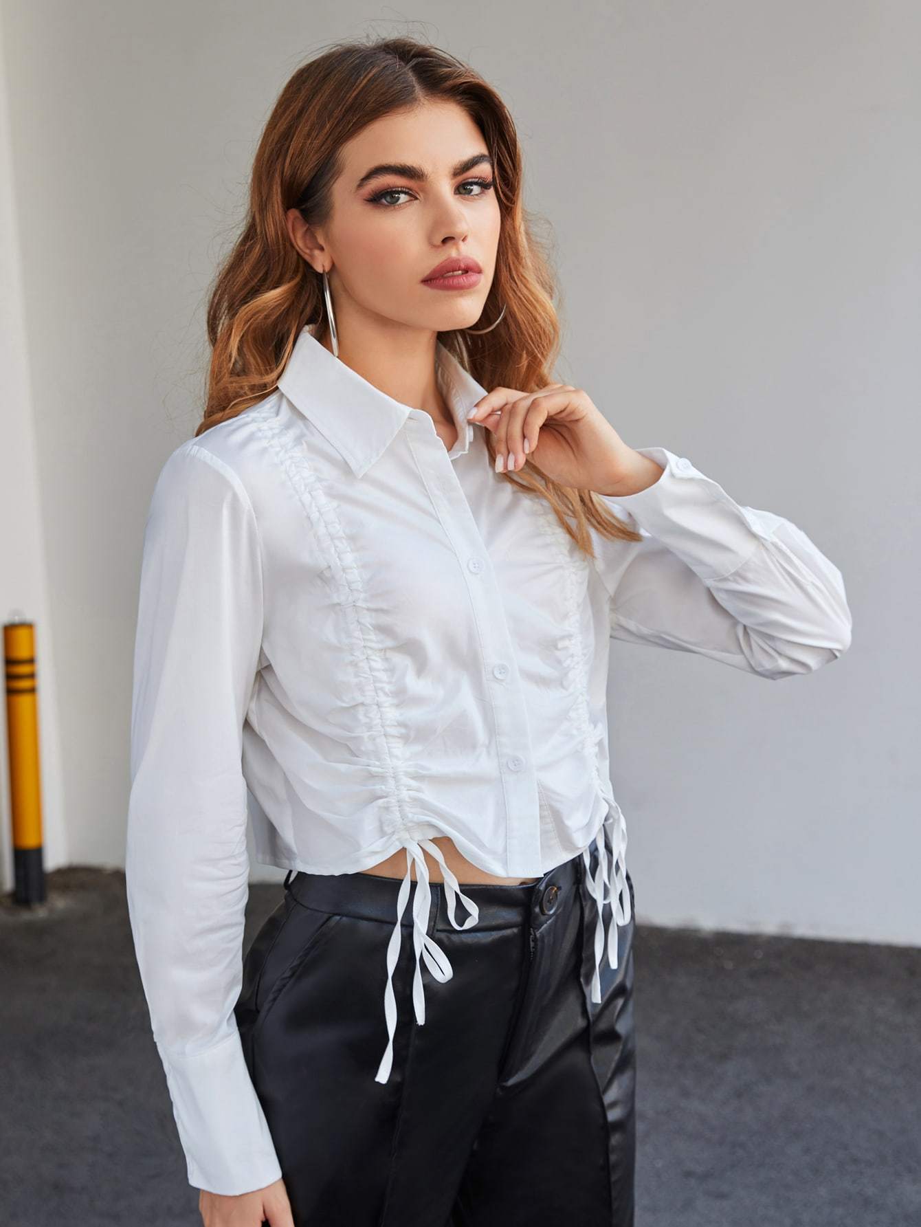 White Button Front Drawstring Ruched Crop Blouse Top