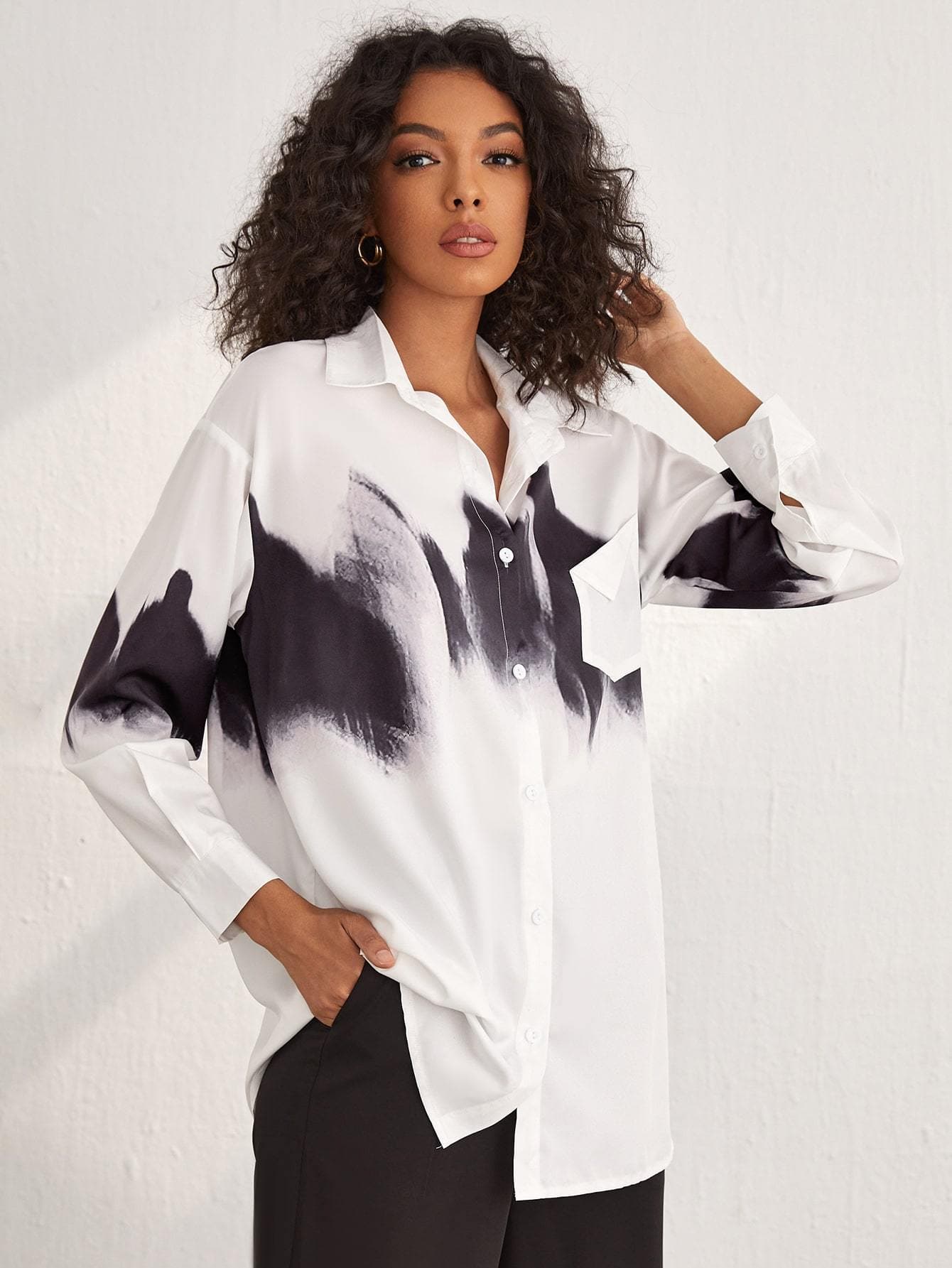 Black White Drop Shoulder Tie Dye Pocket Front Blouse Shirt