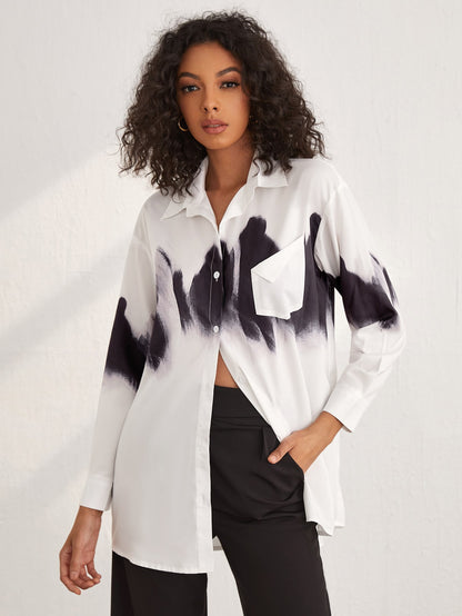 Black White Drop Shoulder Tie Dye Pocket Front Blouse Shirt