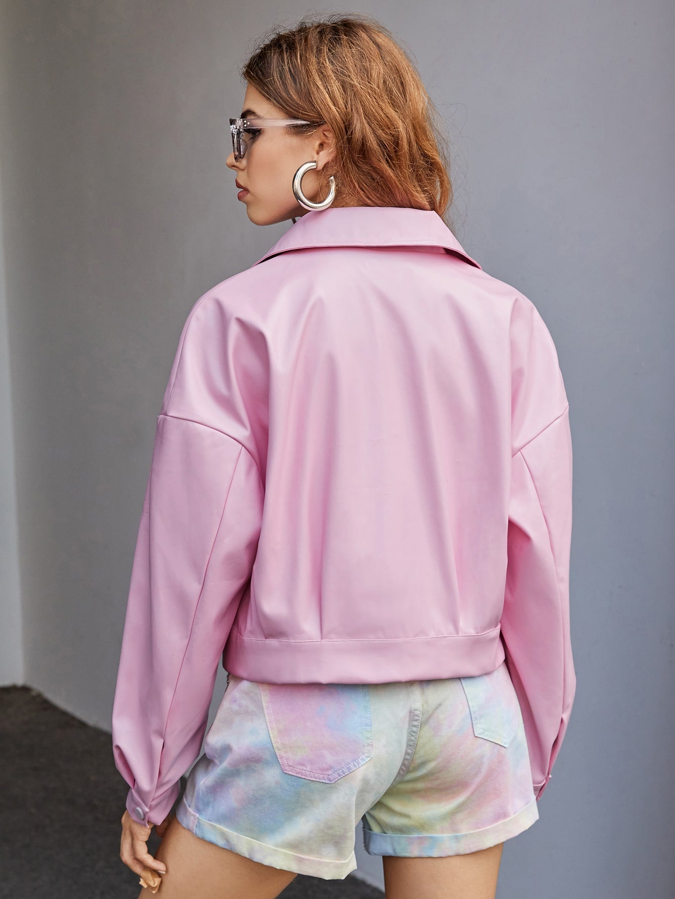 Pink Drop Shoulder Snap Button PU Leather Jacket