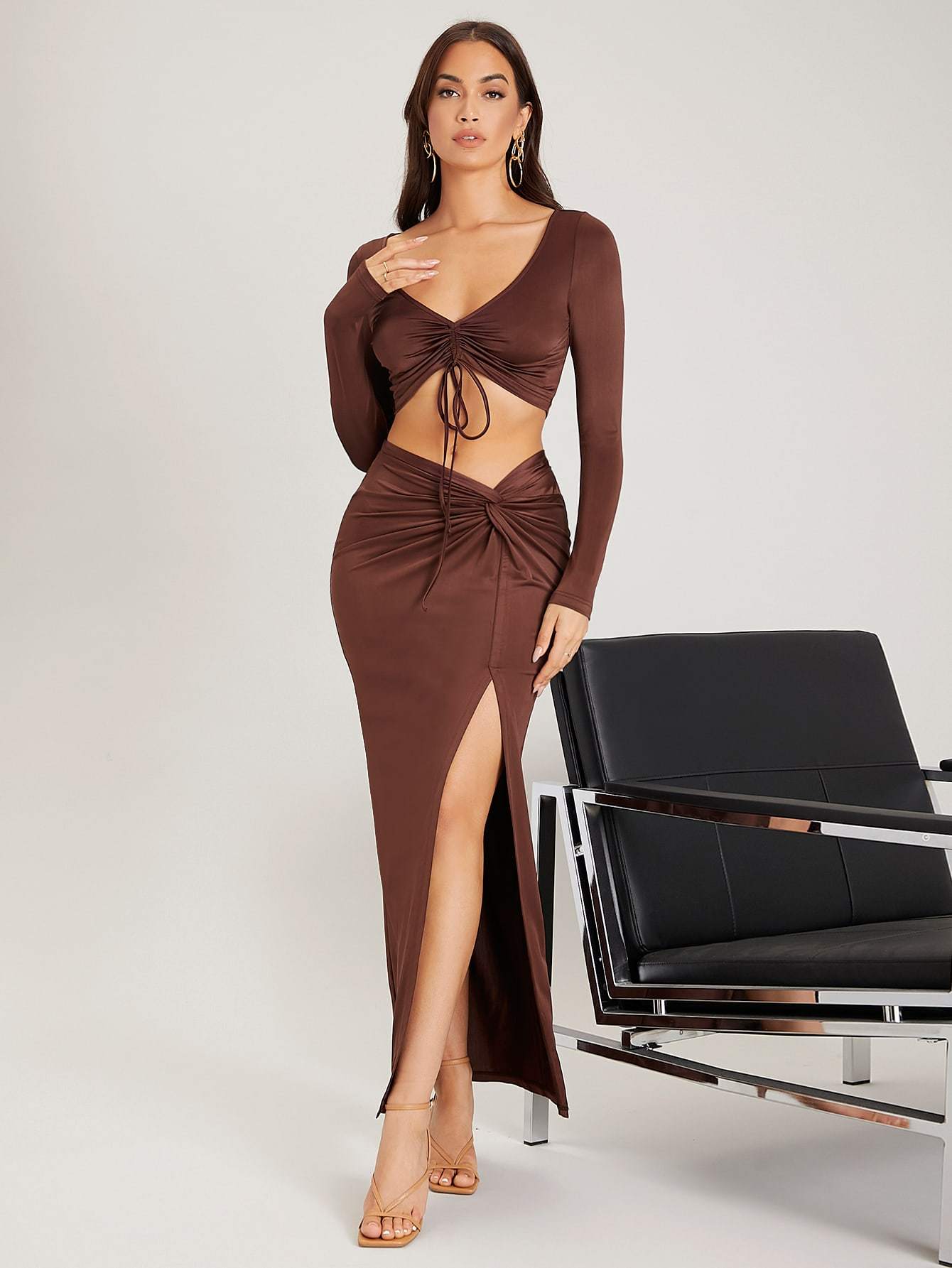 Brown Ruched Bust Drawstring Front Crop Top and Twist Front Split