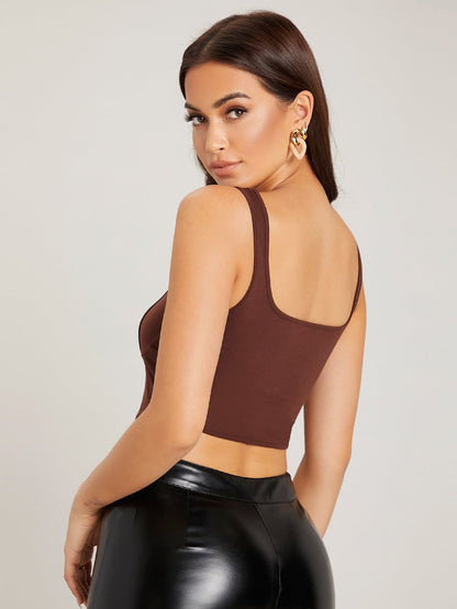 Brown Square Neck Slim Fit Crop Tank Top