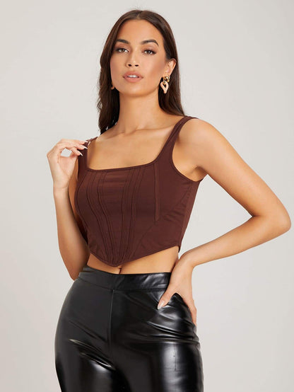 Brown Square Neck Slim Fit Crop Tank Top