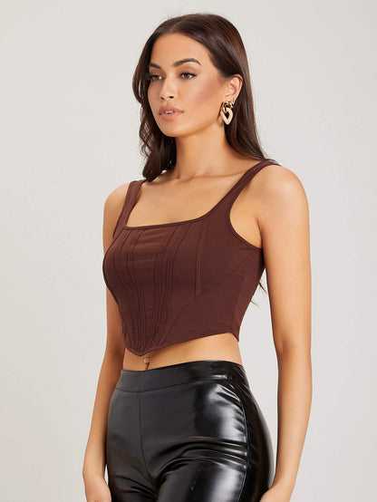 Brown Square Neck Slim Fit Crop Tank Top