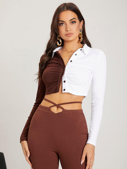 Colorblock Single Breasted Button Front Ruched Bust Top