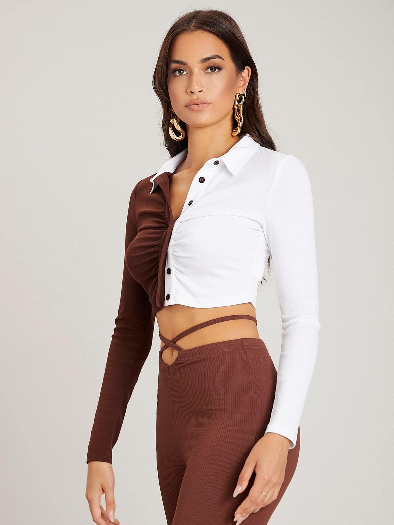 Colorblock Single Breasted Button Front Ruched Bust Top
