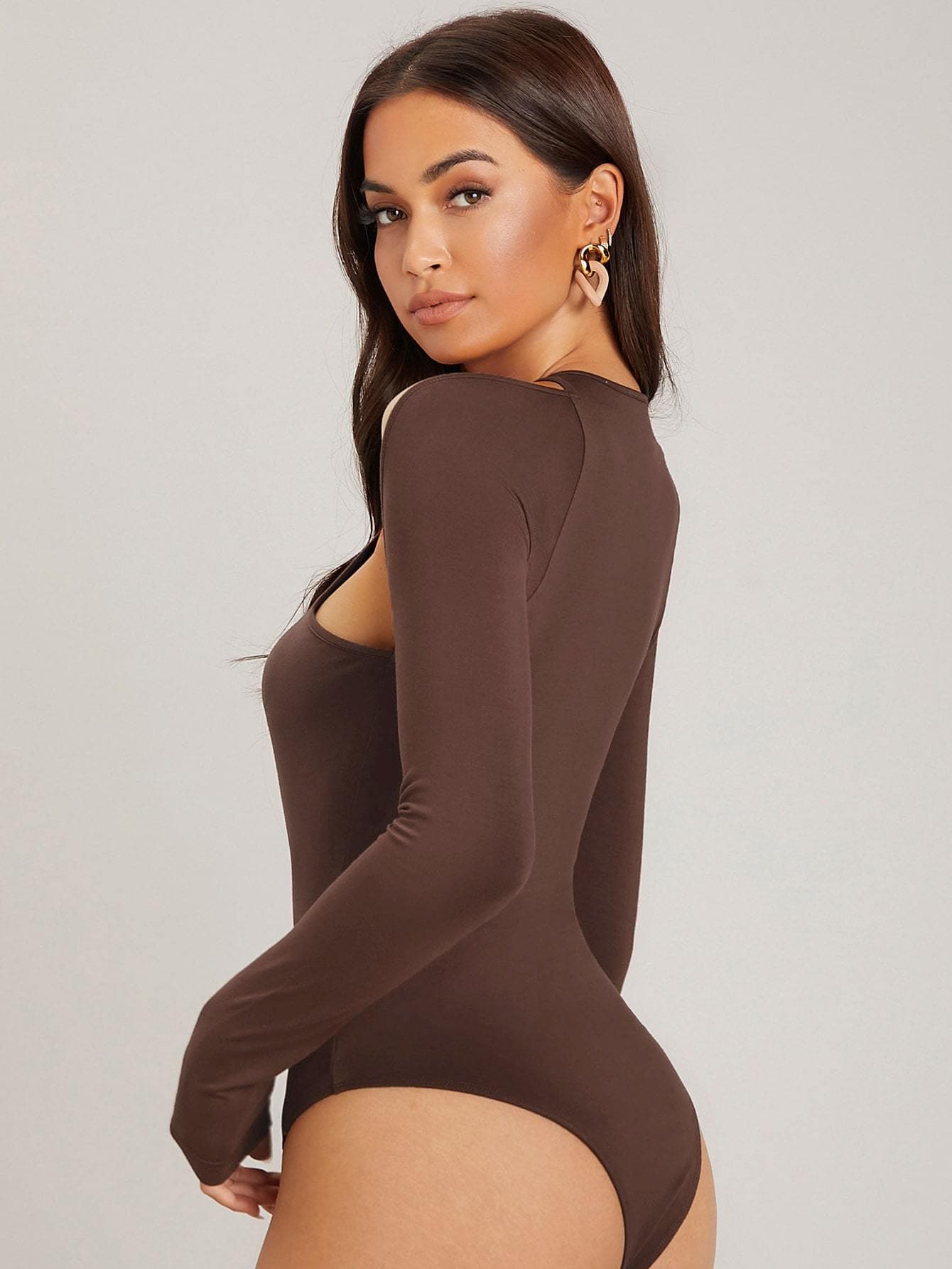 Brown Round Neck Cut Out Slim Fit Bodysuit