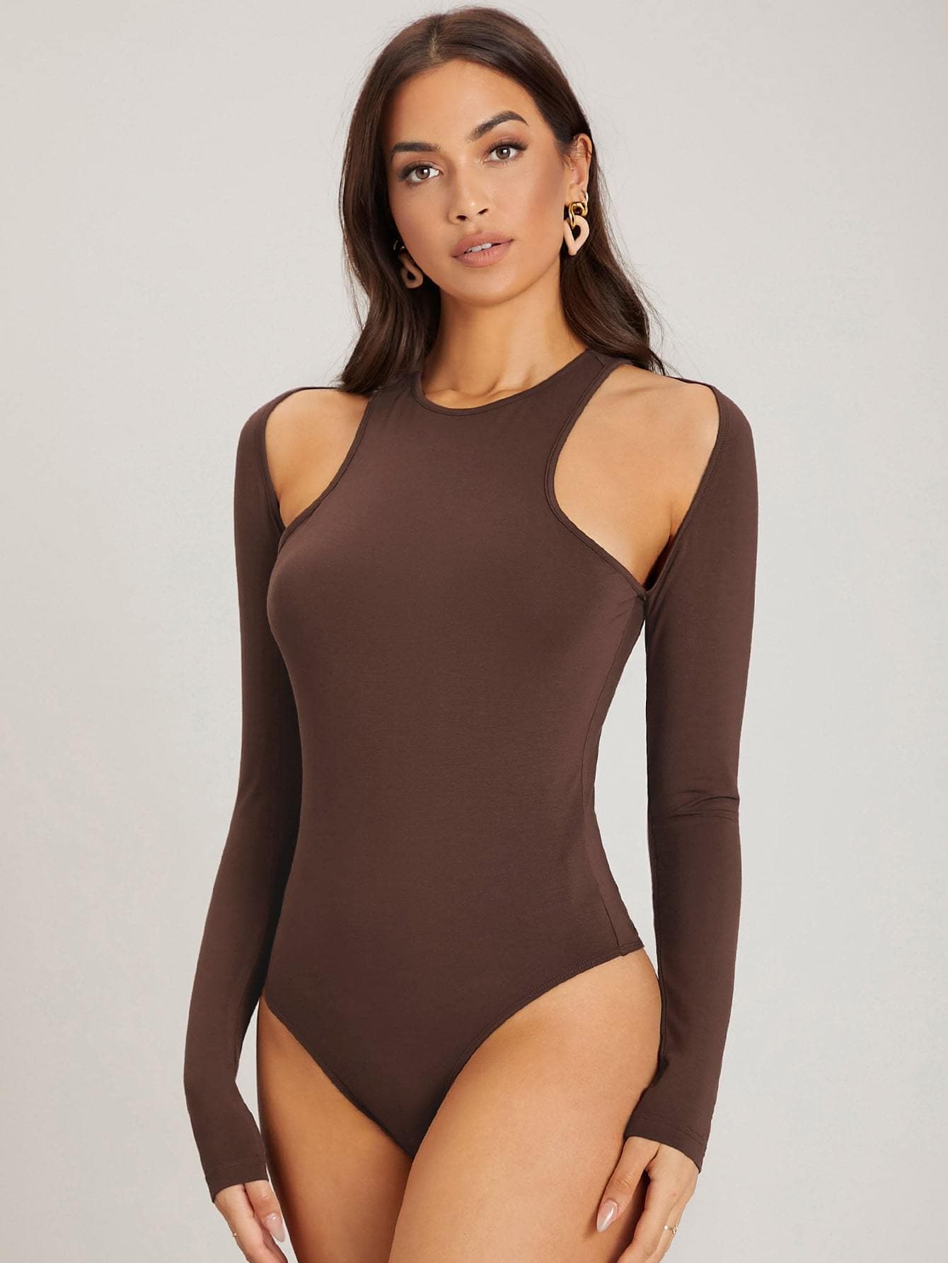 Brown Round Neck Cut Out Slim Fit Bodysuit