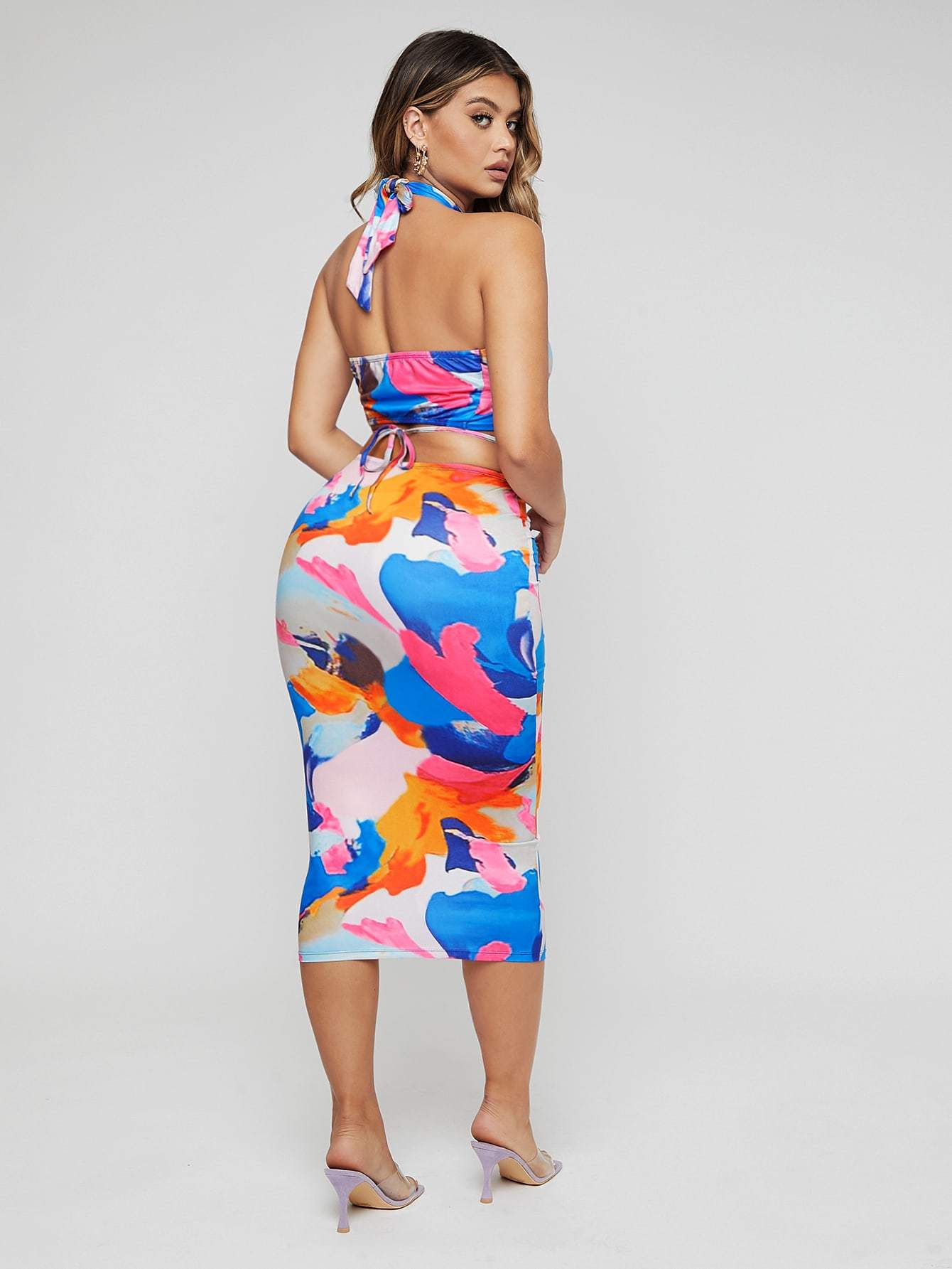 Colorblock Backless Sleeveless Crop Halter Top and Pencil Skirt