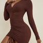 Brown V-Neck Drawstring Ruched Slim Fit Dress