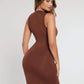 Brown Stand Collar Sleeveless Solid Slim Fit Dress