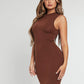 Brown Stand Collar Sleeveless Solid Slim Fit Dress