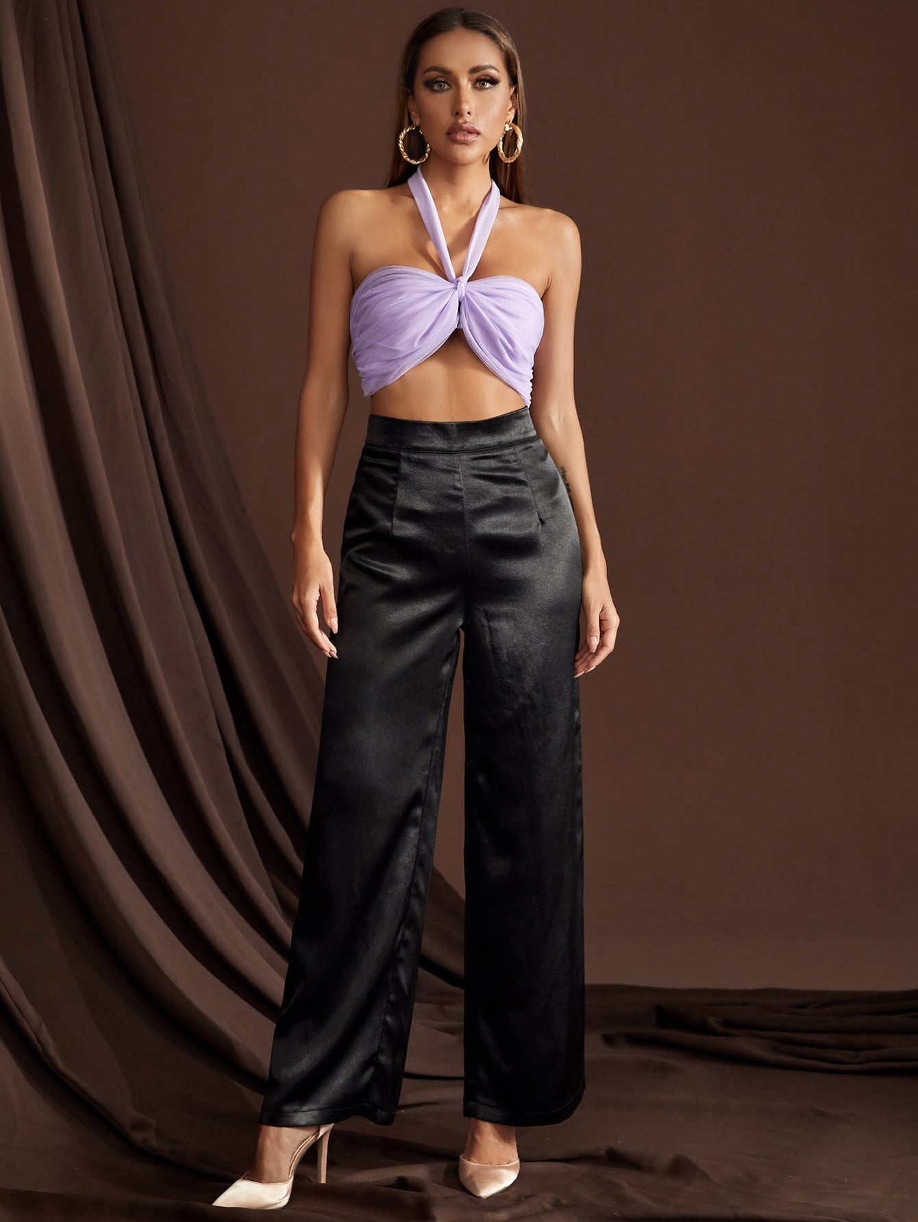 Lilac Purple Backless Sleeveless Ruched Crop Halter Top