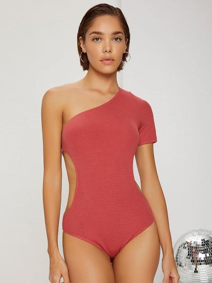 Red One Shoulder Cutout Side Skinny Bodysuit