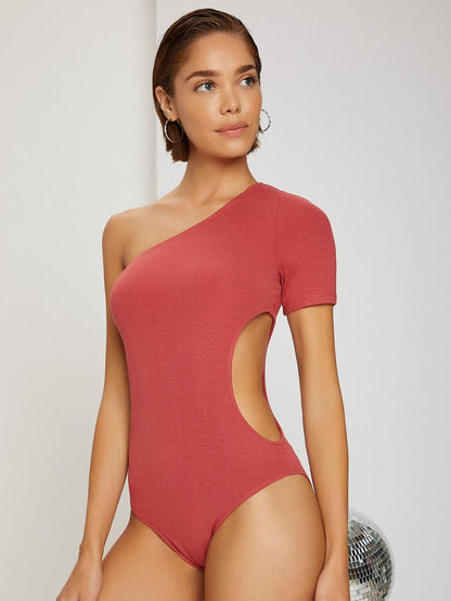 Red One Shoulder Cutout Side Skinny Bodysuit