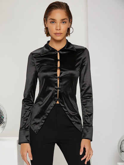 Black Single Breasted Button Front Split Hem Satin Blouse Top