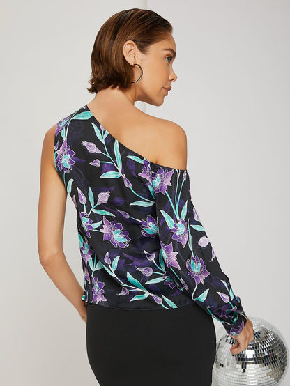 Floral Print Asymmetrical One Shoulder Bishop Sleeve Blouse Top