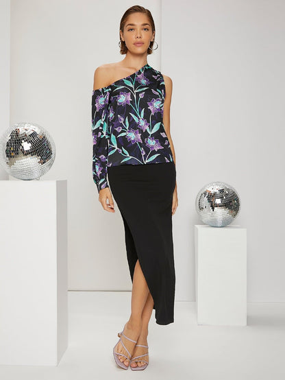 Floral Print Asymmetrical One Shoulder Bishop Sleeve Blouse Top