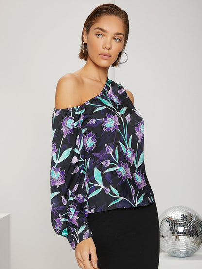 Floral Print Asymmetrical One Shoulder Bishop Sleeve Blouse Top