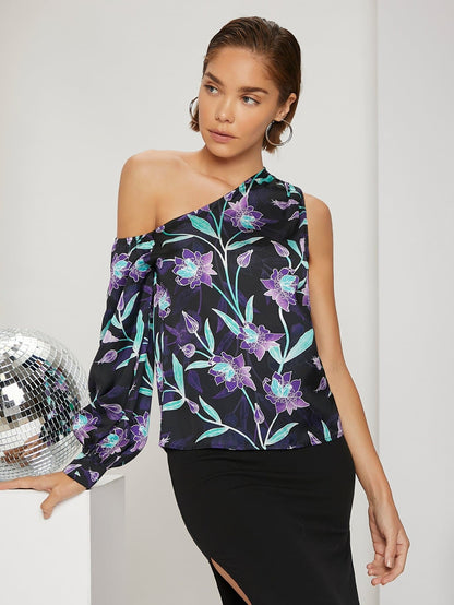 Floral Print Asymmetrical One Shoulder Bishop Sleeve Blouse Top