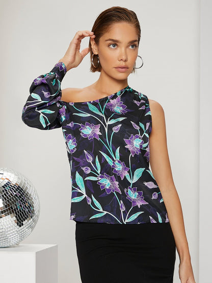 Floral Print Asymmetrical One Shoulder Bishop Sleeve Blouse Top