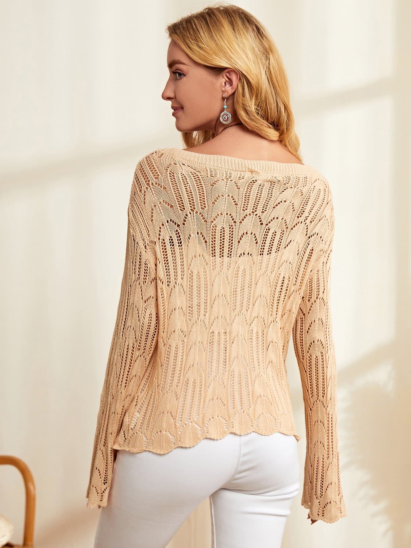 Scoop Neck Pointelle Knit Sweater Without Camisole