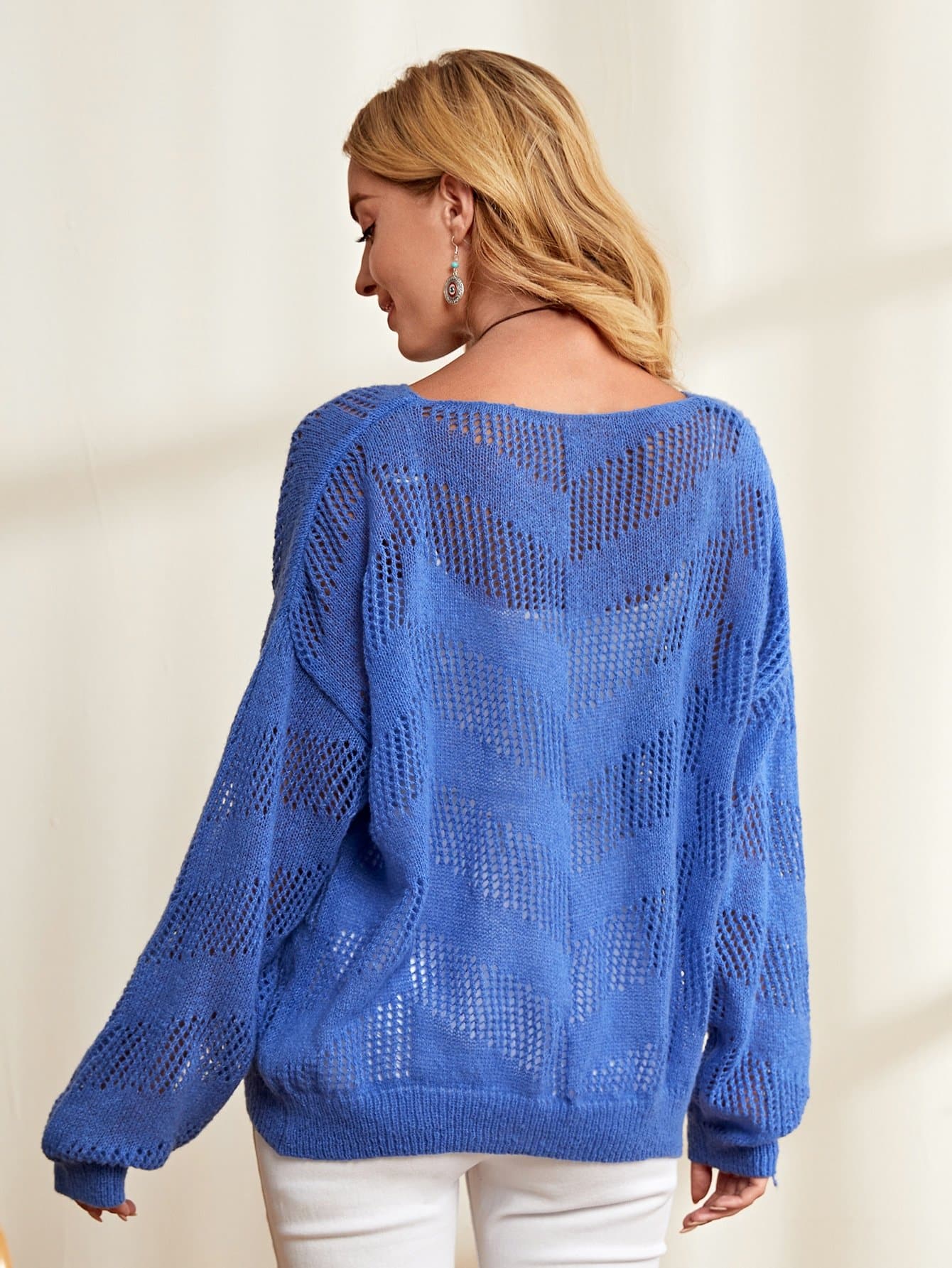 Blue Boat Neck Pointelle Knit Sweater Without Camisole