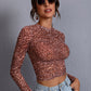 Round Neck Leopard Print Ruched Mesh Top