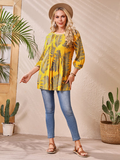 Round Neck Three Quarter Sleeve Tropical Print Pleated Blouse Top