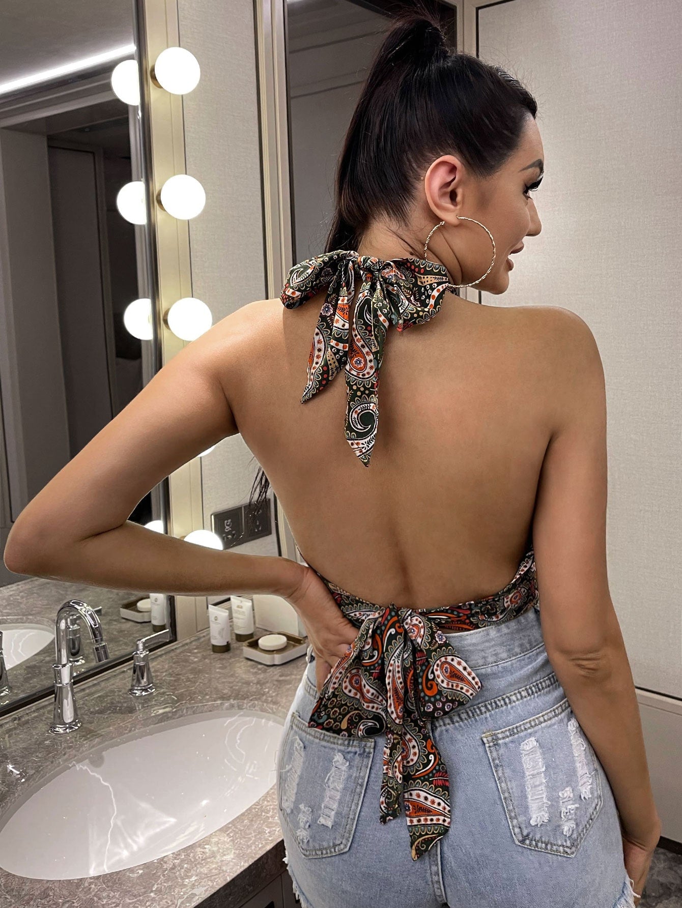 Paisley Print Open Back Crop Halter Slim Fit Top