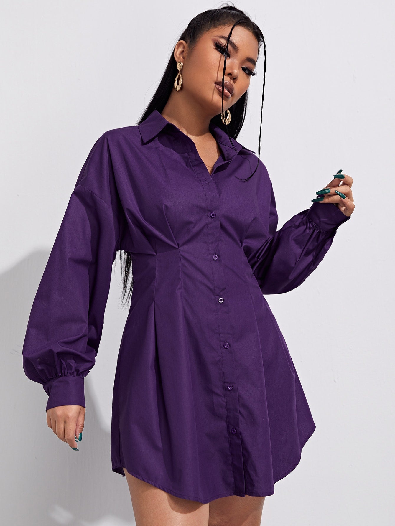 Drop Shoulder Fold Pleated High Waist Solid Shirt Dress