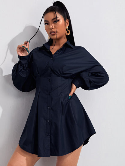 Drop Shoulder Fold Pleated High Waist Solid Shirt Dress