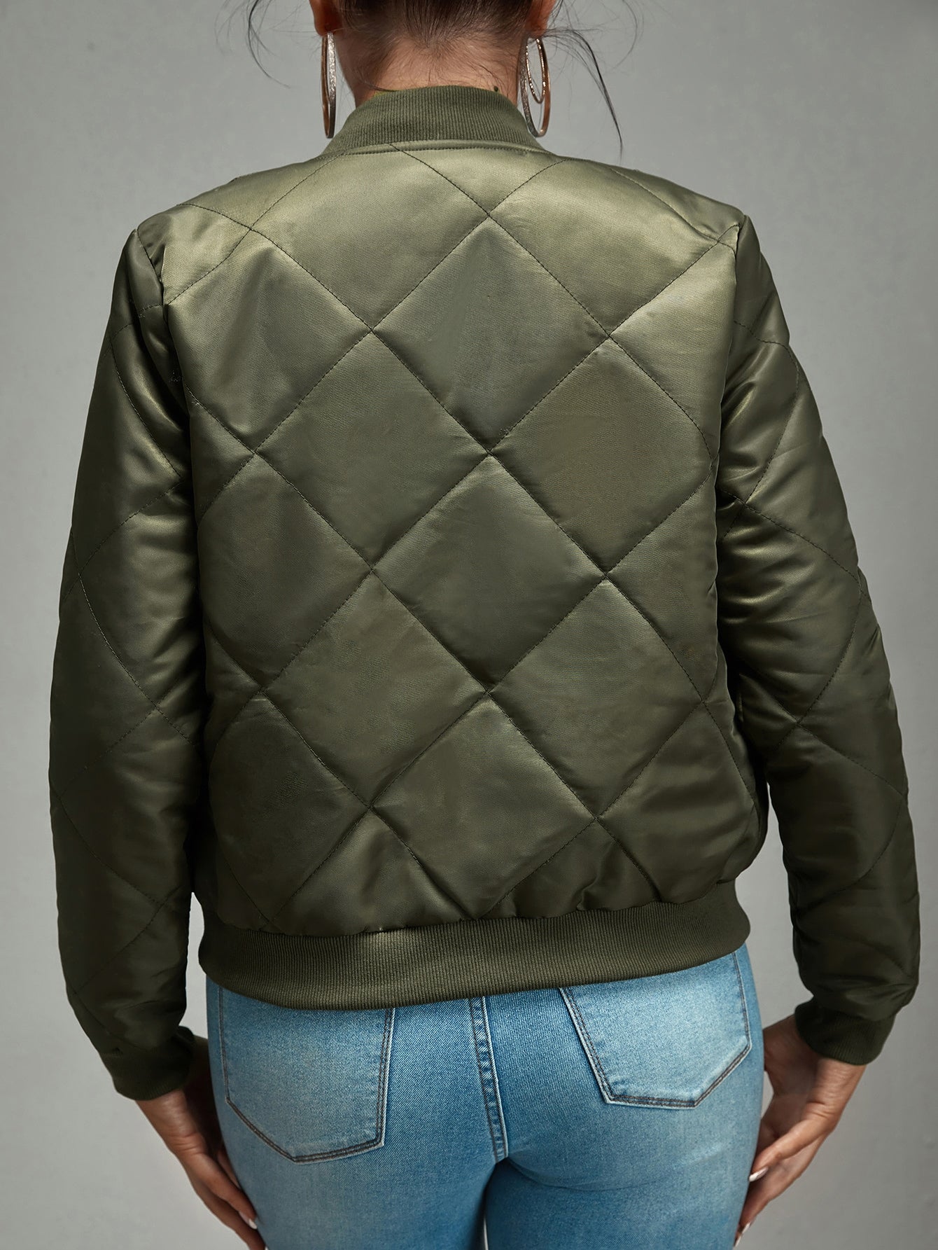 Army Green Zip Up Quilted Bomber Jacket