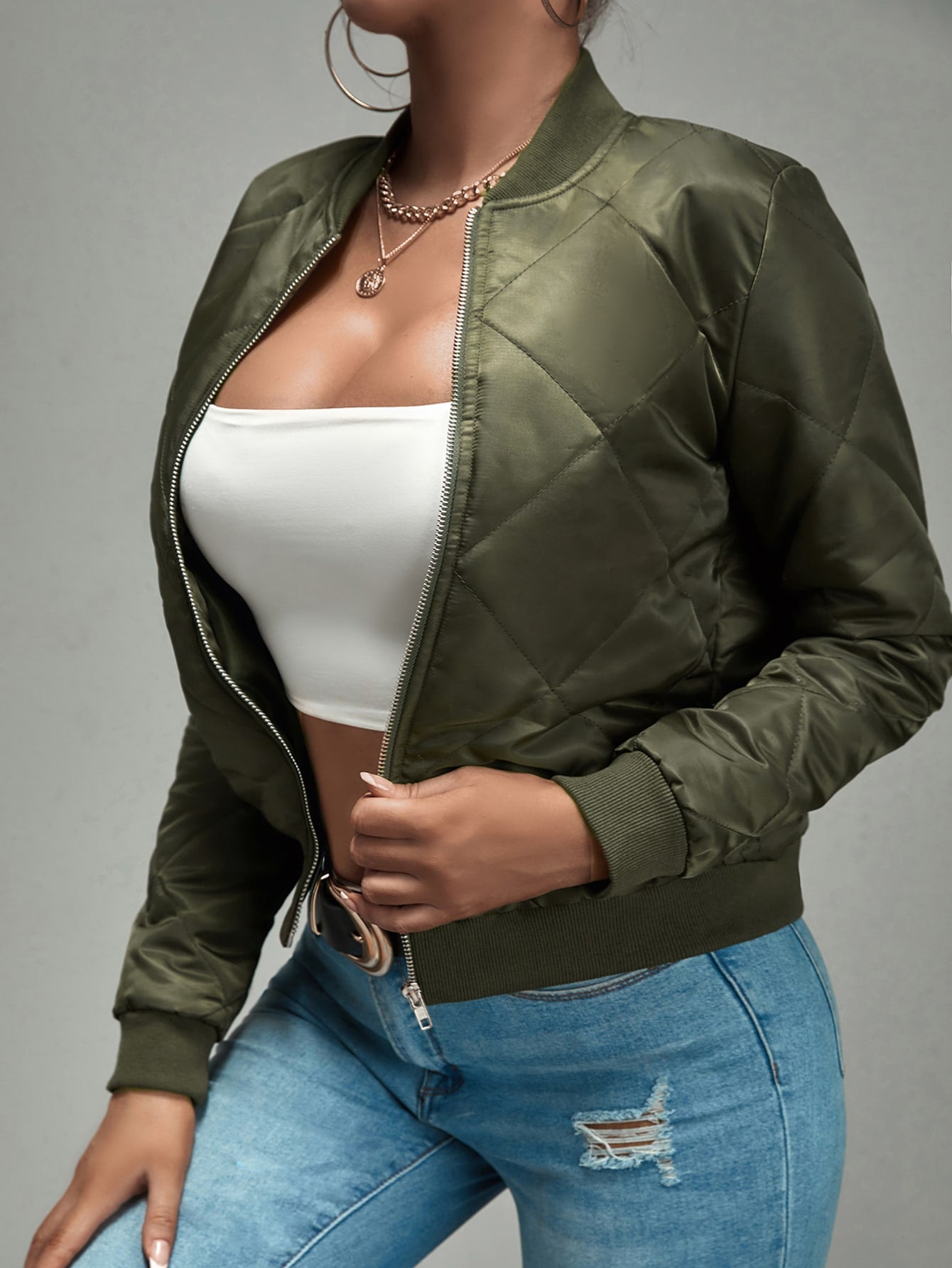 Army Green Zip Up Quilted Bomber Jacket