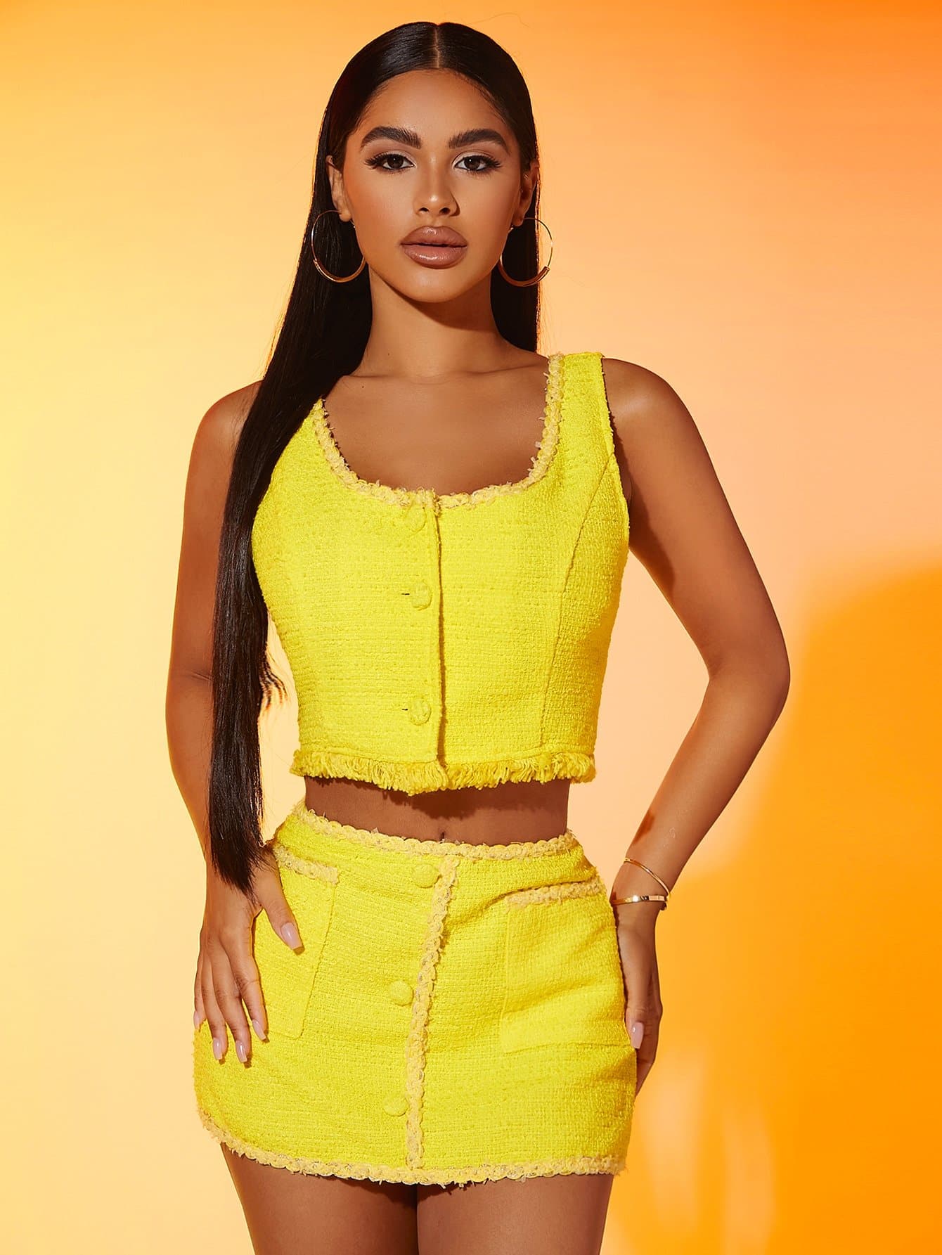 Neon Yellow Raw Cut Button Front Crop Tweed Top and Skirt