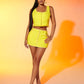 Neon Yellow Raw Cut Button Front Crop Tweed Top and Skirt