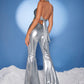 Silver Rhinestone Linked Tie Backless PU Leather Halter Top and Flare Leg Pants