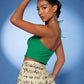 Green Cut Out Ruched Lettuce Trim Rib-knit Halter Slim Fit Top