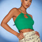 Green Cut Out Ruched Lettuce Trim Rib-knit Halter Slim Fit Top