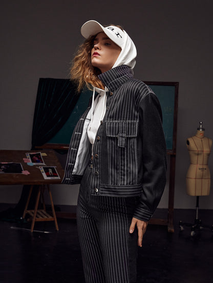 Black Striped Flap Detail Button Front Jacket