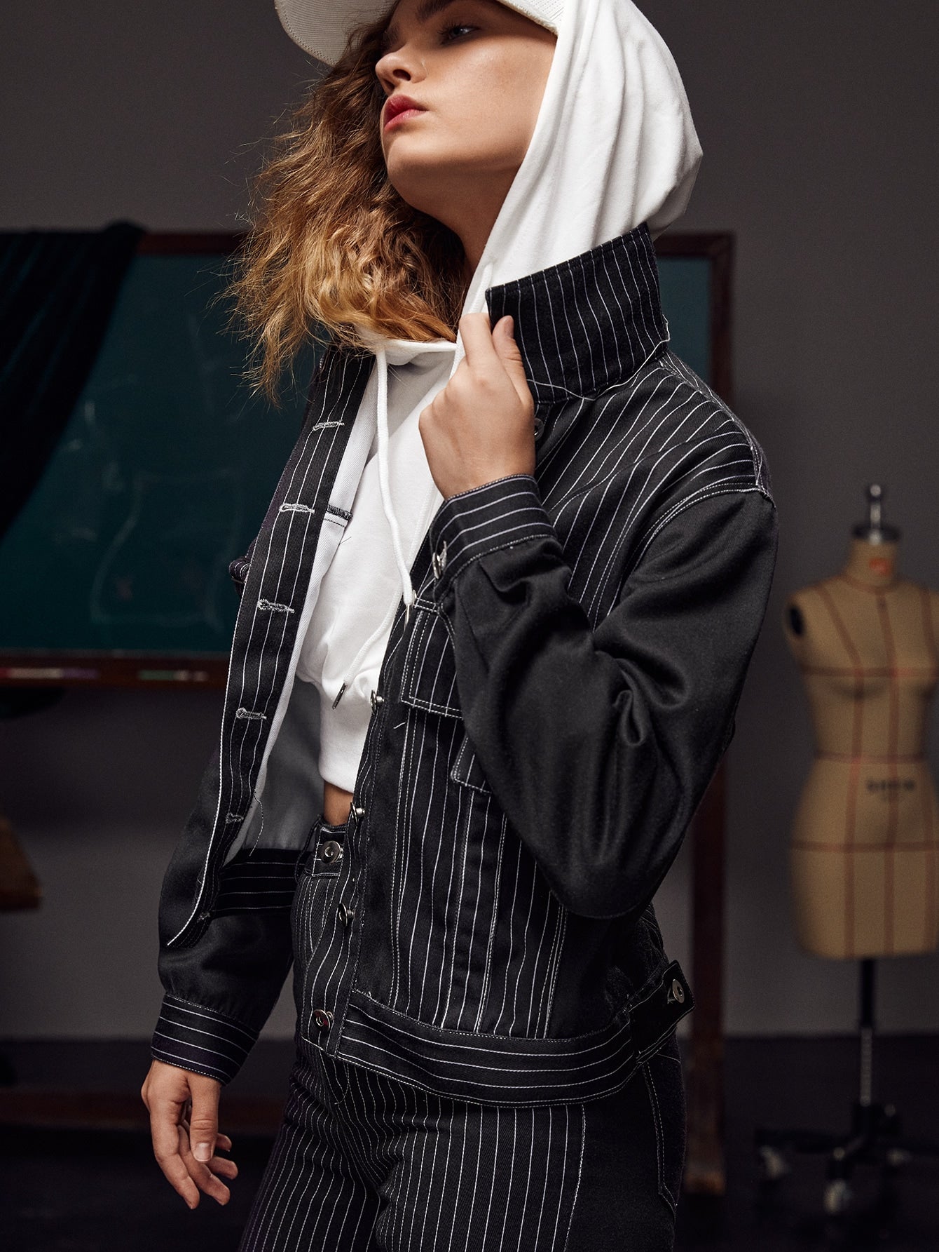 Black Striped Flap Detail Button Front Jacket